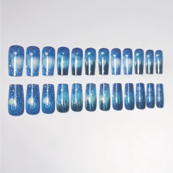 24pc, Van Gogh Starry Night Press On Glossy Nails NIP - Picture 4 of 5